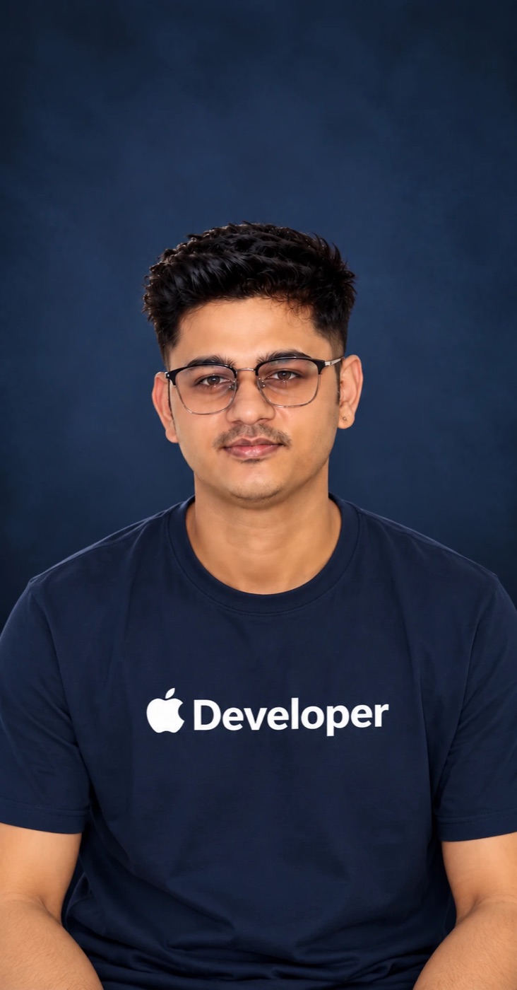 Sourav Dikshit, senior iOS developer, in an Apple Developer t-shirt